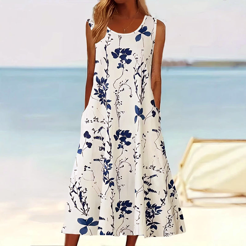 Elegante dames mouwloze A-lijn midi jurk met bloemenprint, perfect als zomerjurk of casual kleding.