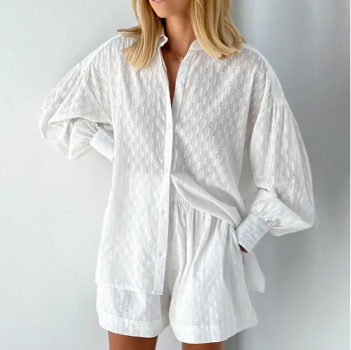 Dames zomerset Isla: luchtige blouse & short. Ideaal voor strand, vakantie & casual dameskleding. Modieus en comfortabel.