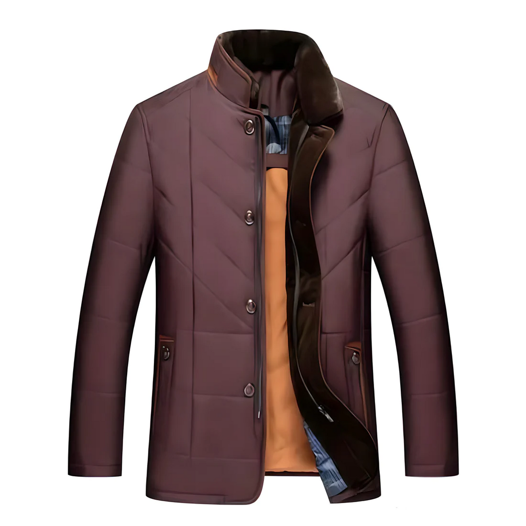 Rode casual heren winterjas, gevoerd voor extra warmte. Perfecte stijlvolle jas voor winterse omstandigheden.
