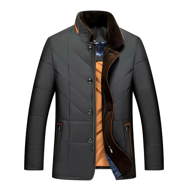 Zwarte gevoerde heren winterjas, ideaal voor koude dagen. Stijlvolle en comfortabele bovenkleding voor mannen.