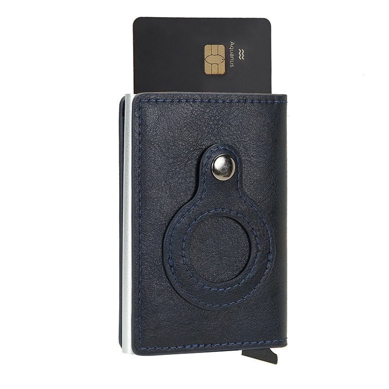 Lederen slimme kaarthouder met geïntegreerde AirTag sleuf, RFID beveiliging voor veilige pasjes. Unisex design.