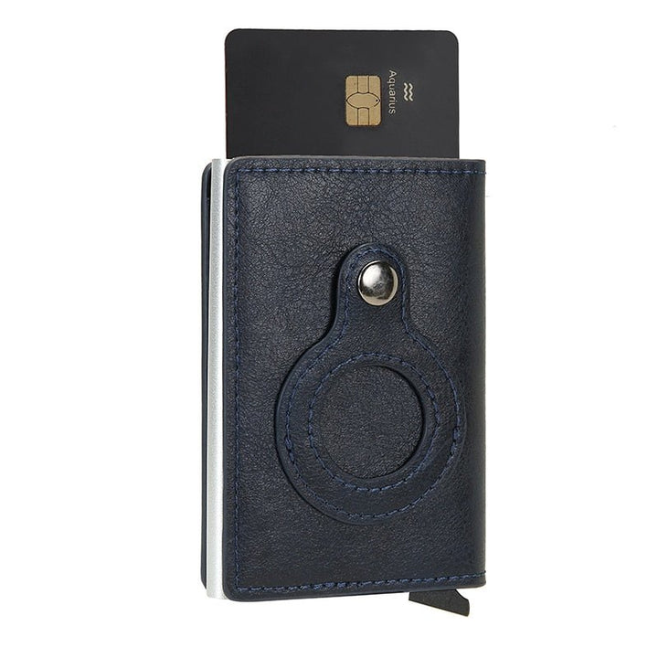Lederen slimme kaarthouder met geïntegreerde AirTag sleuf, RFID beveiliging voor veilige pasjes. Unisex design.