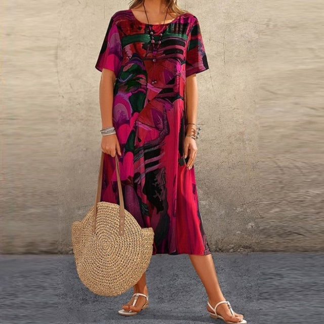 Dames zomerjurk, casual elegant design, comfortabel en losvallend. Perfecte dameskleding voor zomerse dagen en gelegenheden.