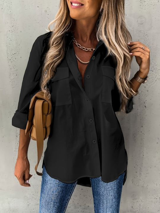 Zwarte damesblouse Elora met knoopjes. Stijlvol overhemd, perfect voor lente en zomer.