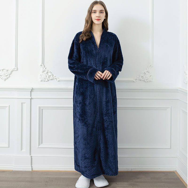 Dames thermische badjas van flanel met ritssluiting en riemsluiting, extra lang en warm.