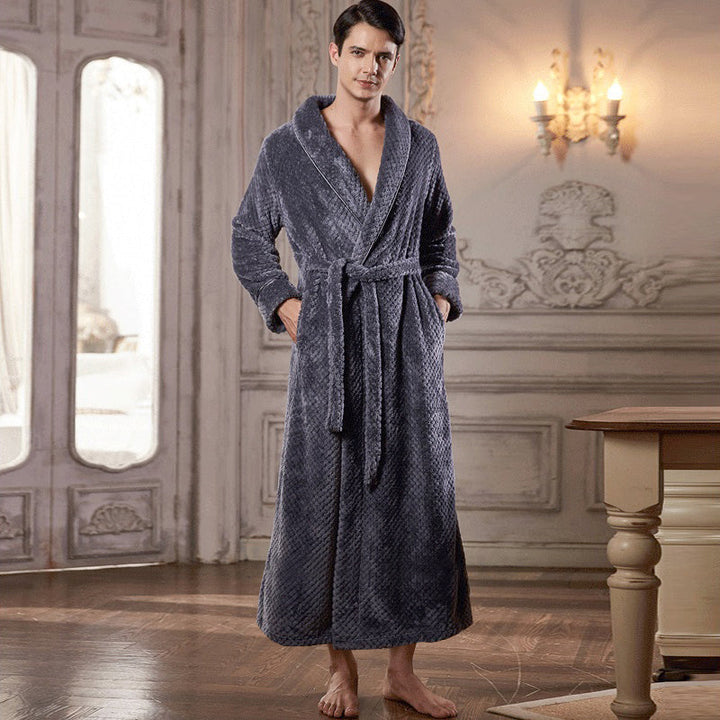 Extra lange thermische badjas voor mannen, met ritssluiting. Biedt comfort en warmte als loungekleding.