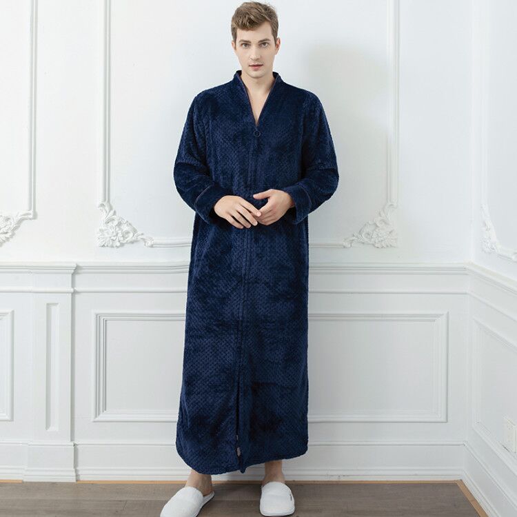 Mannen winter badjas, extra lang, met rits en riem. Een comfortabele en warme thermische huisjas voor ontspanning.