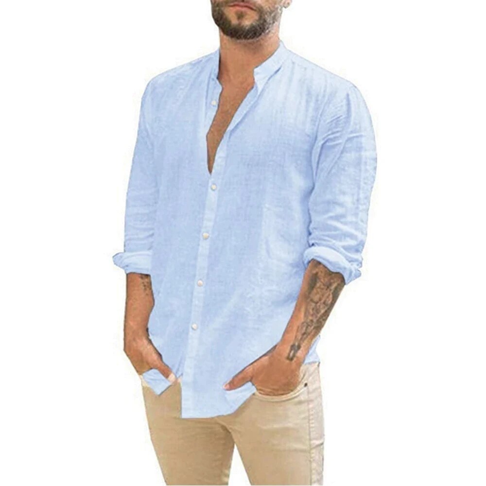 Luchtig heren overhemd met lange mouwen en opstaande kraag, ideaal voor een casual zomerlook.
