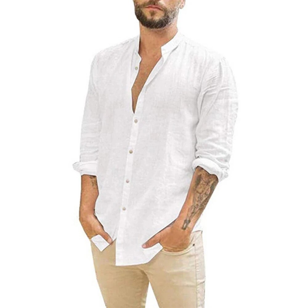 Hoogwaardig luchtig heren overhemd met lange mouwen en opstaande kraag voor diverse modieuze looks.