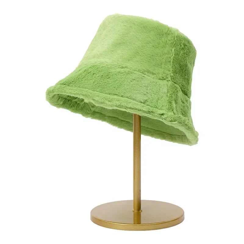 Herfst/winter buckethat voor dames, van dik en warm imitatie konijnenbont.