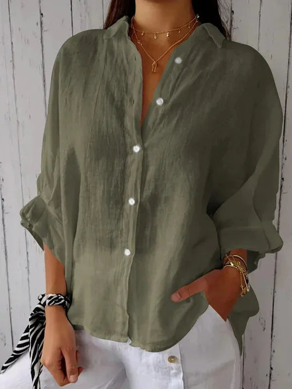 Modieuze dames lente/zomer blouse, luchtig, met knoopsluiting en elegante V-hals, losse pasvorm.
