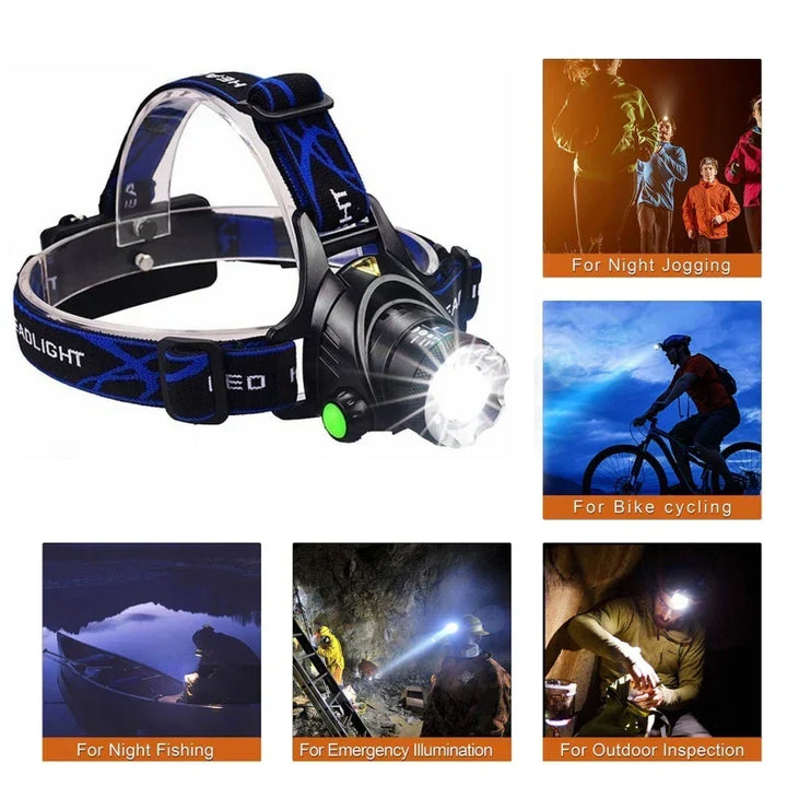 Waterdichte LED hoofdlamp, essentieel voor regenachtige outdoor omstandigheden en helder nachtzicht.