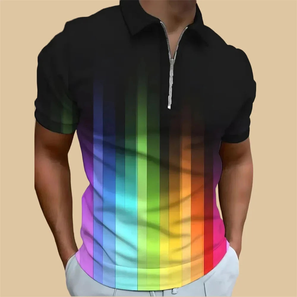 Stijlvol heren polo T-shirt met unieke print en rits, ideaal voor een casual lente of herfst outfit.