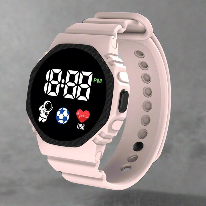 Robuust digitaal kinderhorloge met waterdicht LED display. Geweldig verjaardagscadeau voor avontuurlijke kinderen.