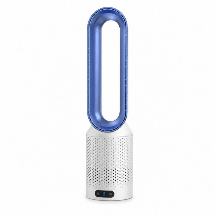 Zilveren AirPure torenventilator met modern design, levert verkoeling, schone lucht en oscillatie voor thuis.