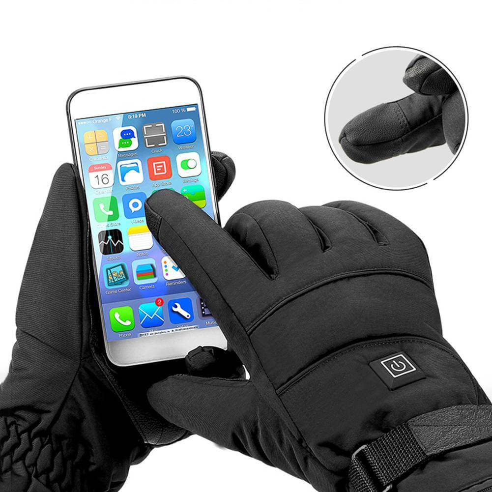 Zwarte uniseks verwarmde winterhandschoenen met touchscreen compatibiliteit voor winterfietsen en outdoor kou.