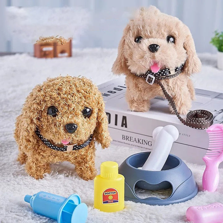 Een schattige pluchen bichon frisé speelgoedhond die loopt, ideaal knuffeldier voor kleine kinderen.