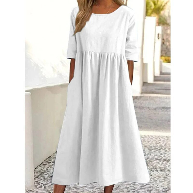 Comfortabele casual damesjurk, een veelzijdige keuze voor dagelijkse elegantie in de lente.