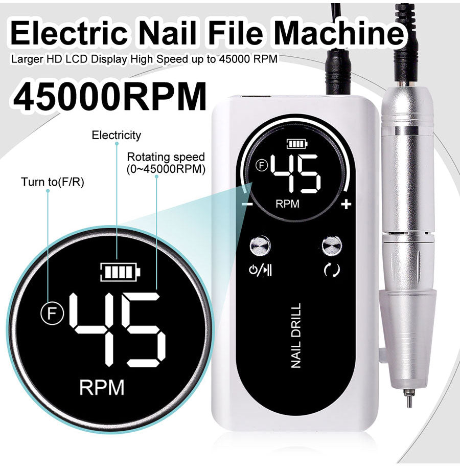 Krachtige 45000RPM e-file voor snelle en precieze nagelmodellering. Draagbaar met stille motor.