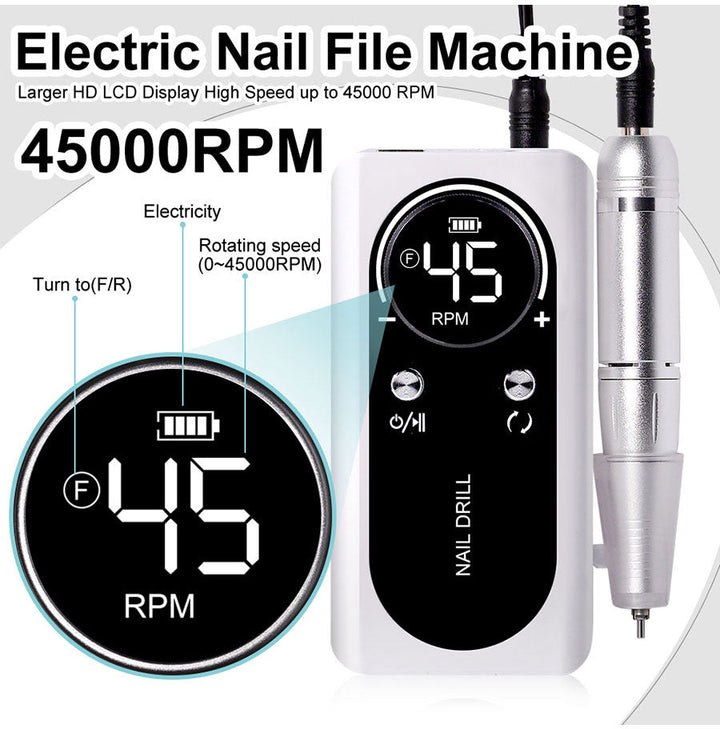 Krachtige 45000RPM e-file voor snelle en precieze nagelmodellering. Draagbaar met stille motor.