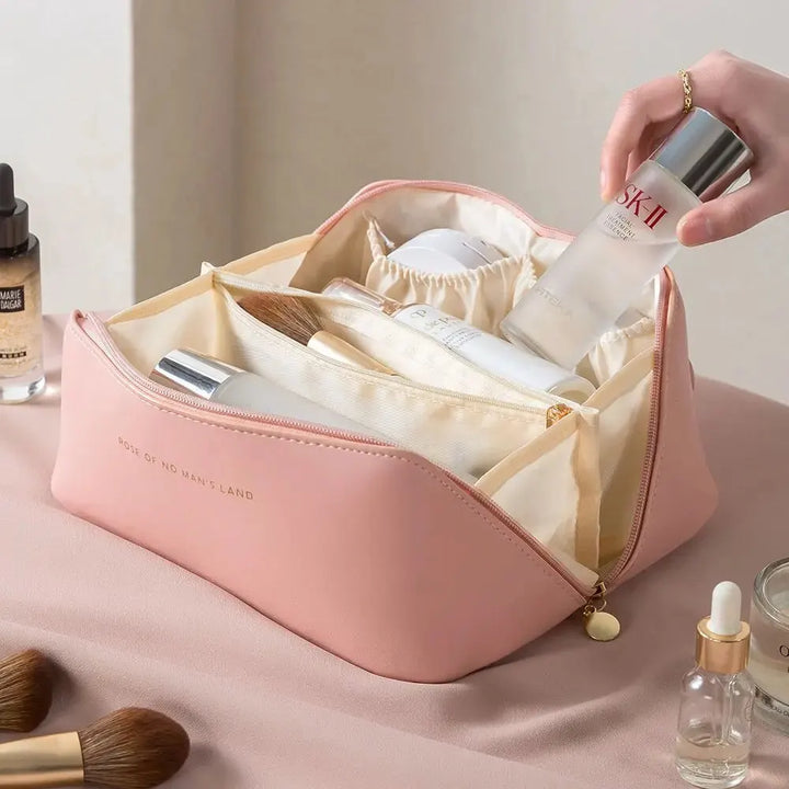 Duurzame make-up organizer van PU-leer, elegante dames reistas met rits, beschermt je cosmetica.