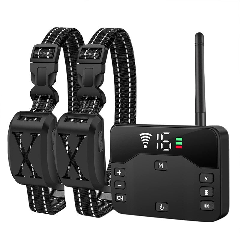 Complete set draadloos hondenhek systeem: halsband, zender, adapter voor optimale huisdierveiligheid.