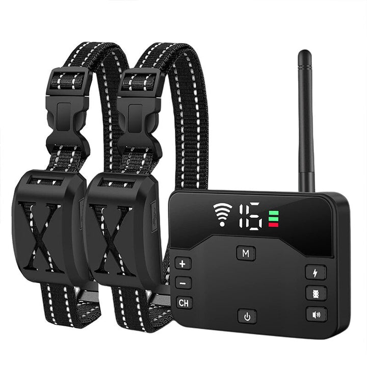 Complete set draadloos hondenhek systeem: halsband, zender, adapter voor optimale huisdierveiligheid.
