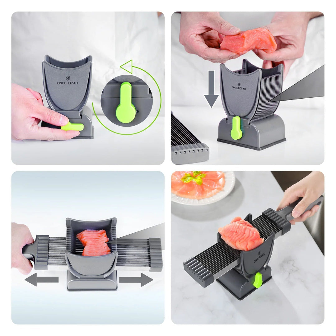Compacte handmatige voedselsnijder van RVS, perfect voor nauwkeurig snijden van vlees en delicatessen.