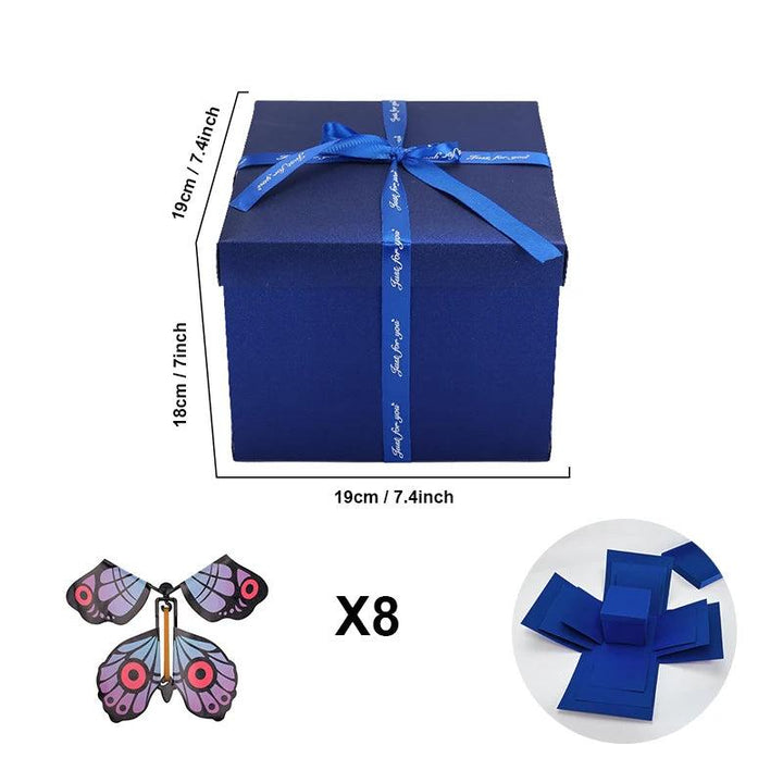 DIY explosiebox cadeaubox met accessoires, voor een uniek persoonlijk jubileum of verjaardagscadeau.