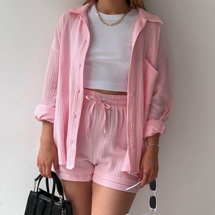 Dames trendy katoenen zomerset, perfect voor een relaxte dag buiten of als vrijetijdskleding.