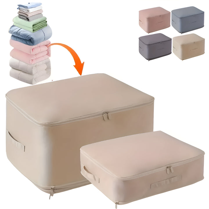 Duurzame compressie opbergtas met sterke ritssluiting voor langdurige opslag van textiel.