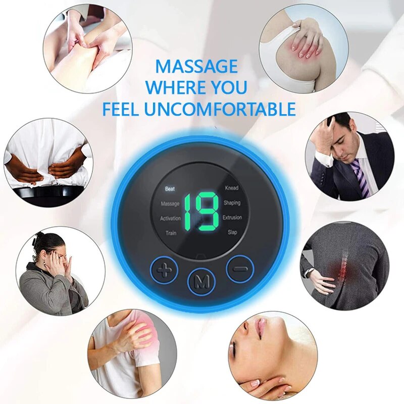 Compacte mini nek massager met pads, geschikt voor nek, schouders en rug; inclusief handige afstandsbediening.