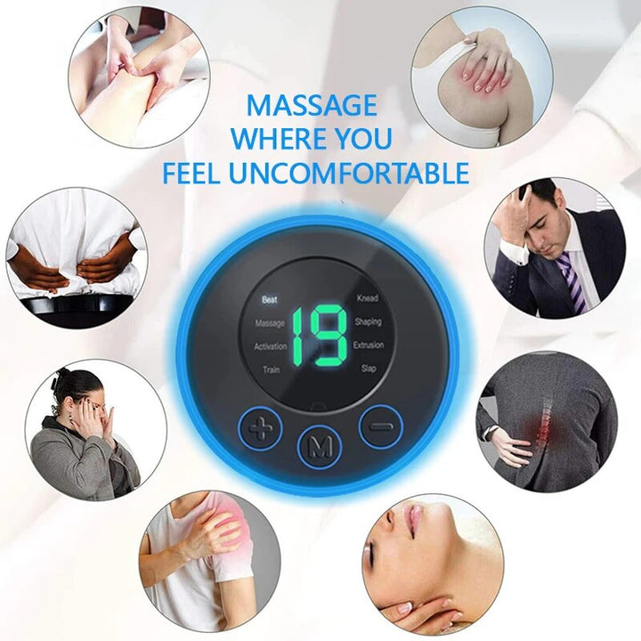 Compacte mini nek massager met pads, geschikt voor nek, schouders en rug; inclusief handige afstandsbediening.