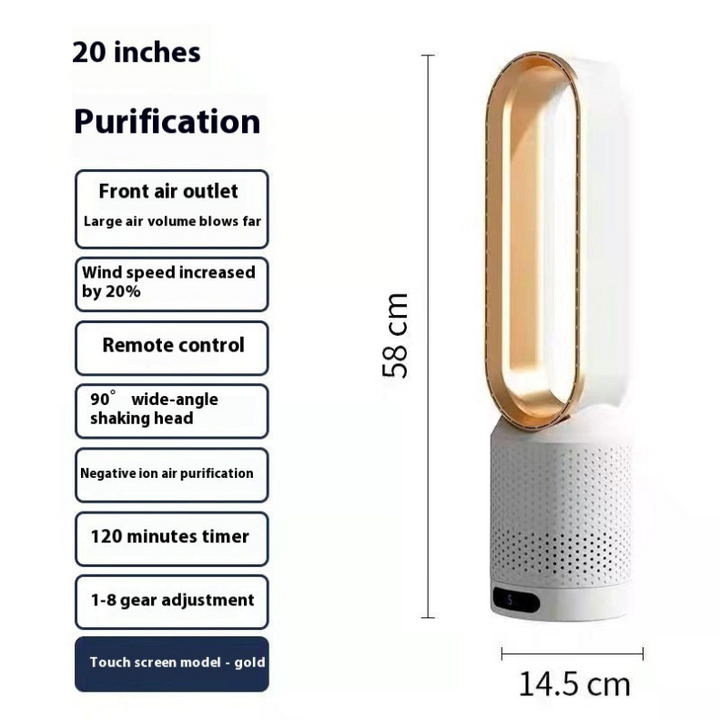 Zilveren AirPure torenventilator met oscillatie voor brede luchtverspreiding, koelt & reinigt uw kantoor effectief.