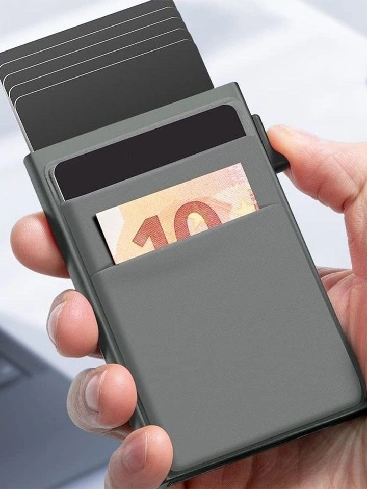 Mini metalen portemonnee met RFID bescherming, dun design voor heren en alle belangrijke kaarten.