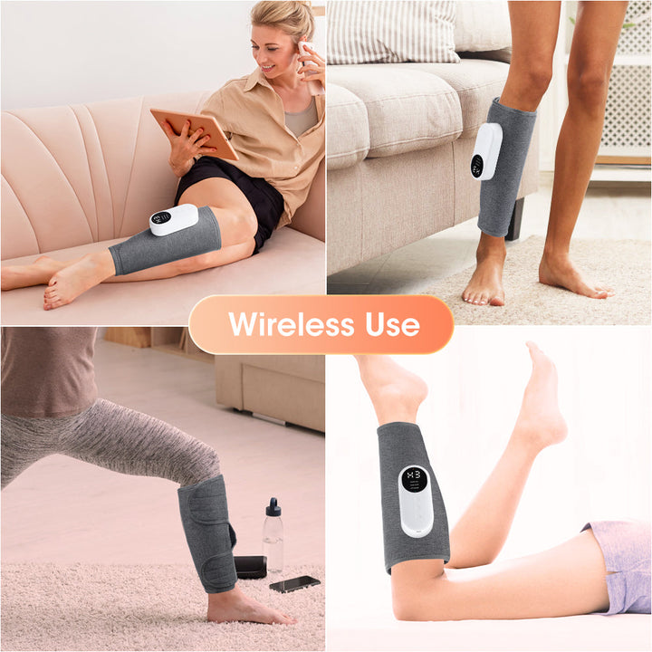 Draadloos en oplaadbaar elektrisch beenmassage apparaat. Eenvoudige bediening voor 3 massagestanden.
