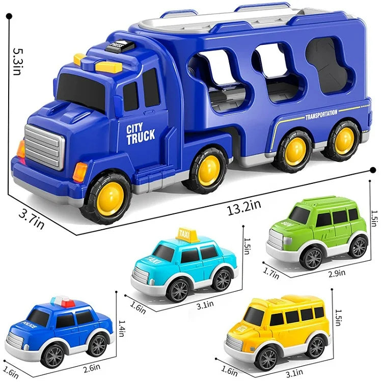 Speelgoed vrachtwagen met opbergruimte, ideaal om kleine auto's op te ruimen en te transporteren.