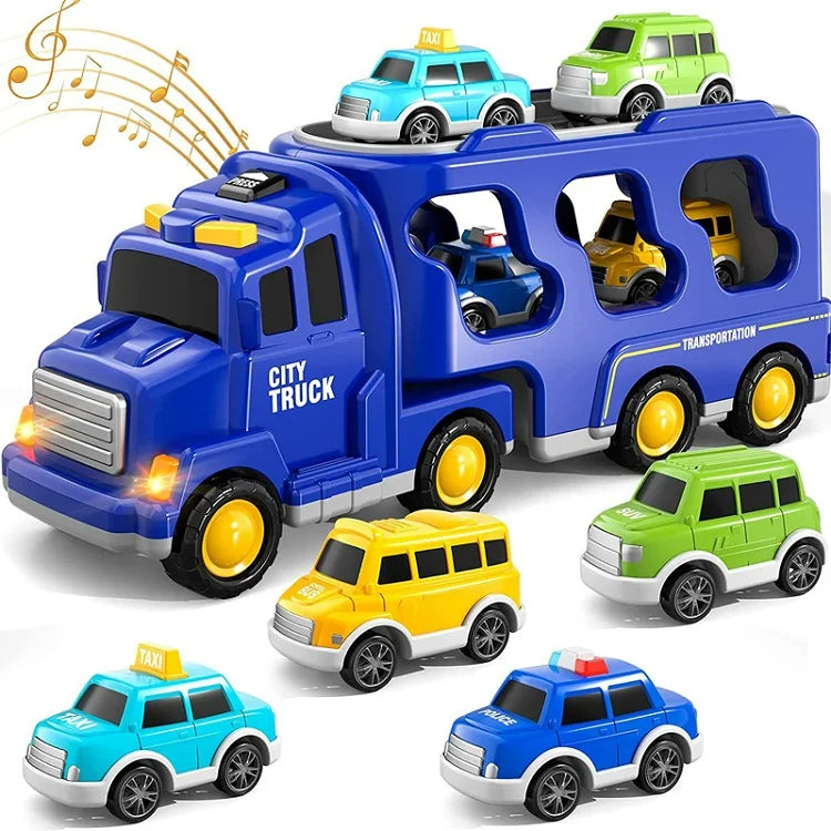Vooraanzicht van de kleurrijke speelgoed vrachtwagen met licht & geluid; een fantastisch cadeau voor kinderen.