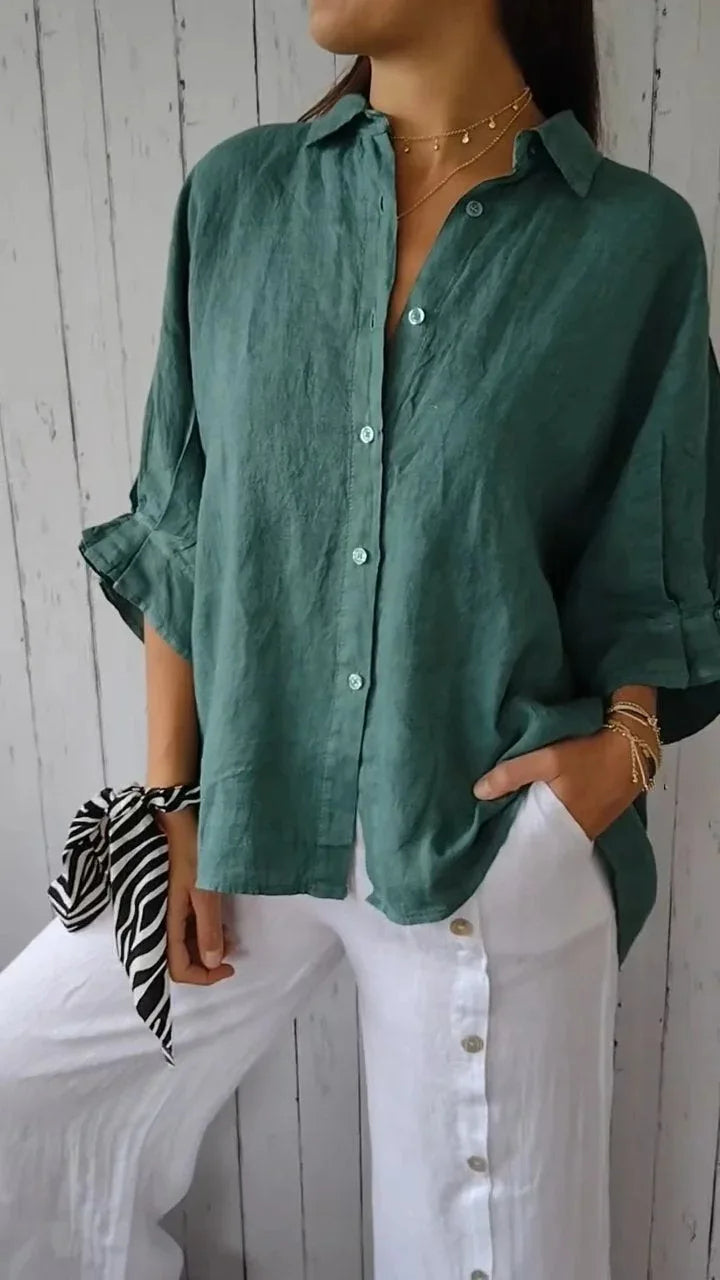 Comfortabele damesblouse met luchtige losse pasvorm, knoopsluiting en V-hals, veelzijdig en stijlvol.