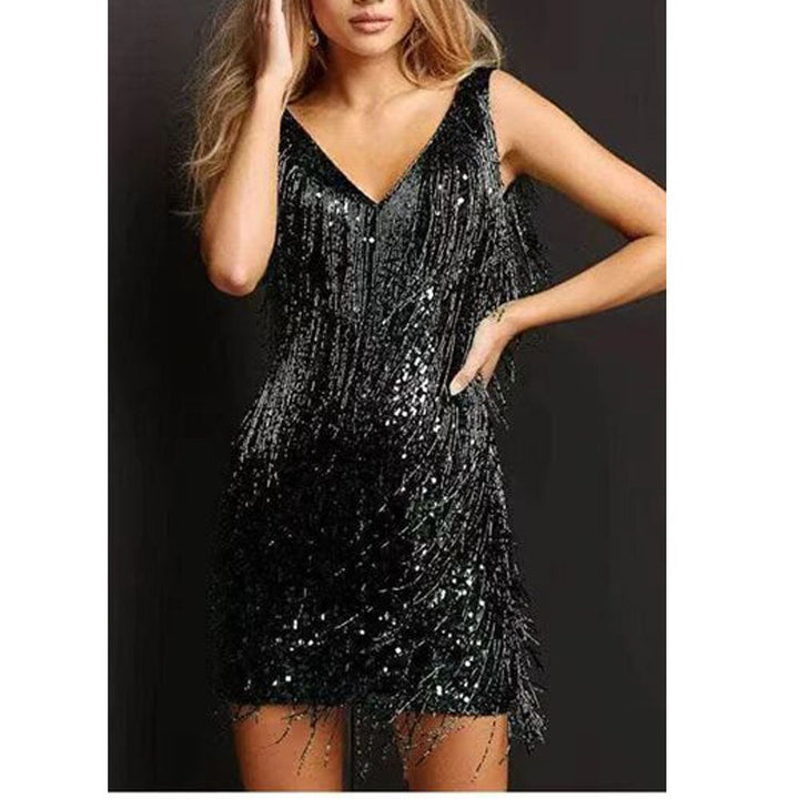 Sprankelende mini jurk voor dames, bezet met pailletten en elegante kwastjes, ideaal voor clubwear en cocktailparty's.