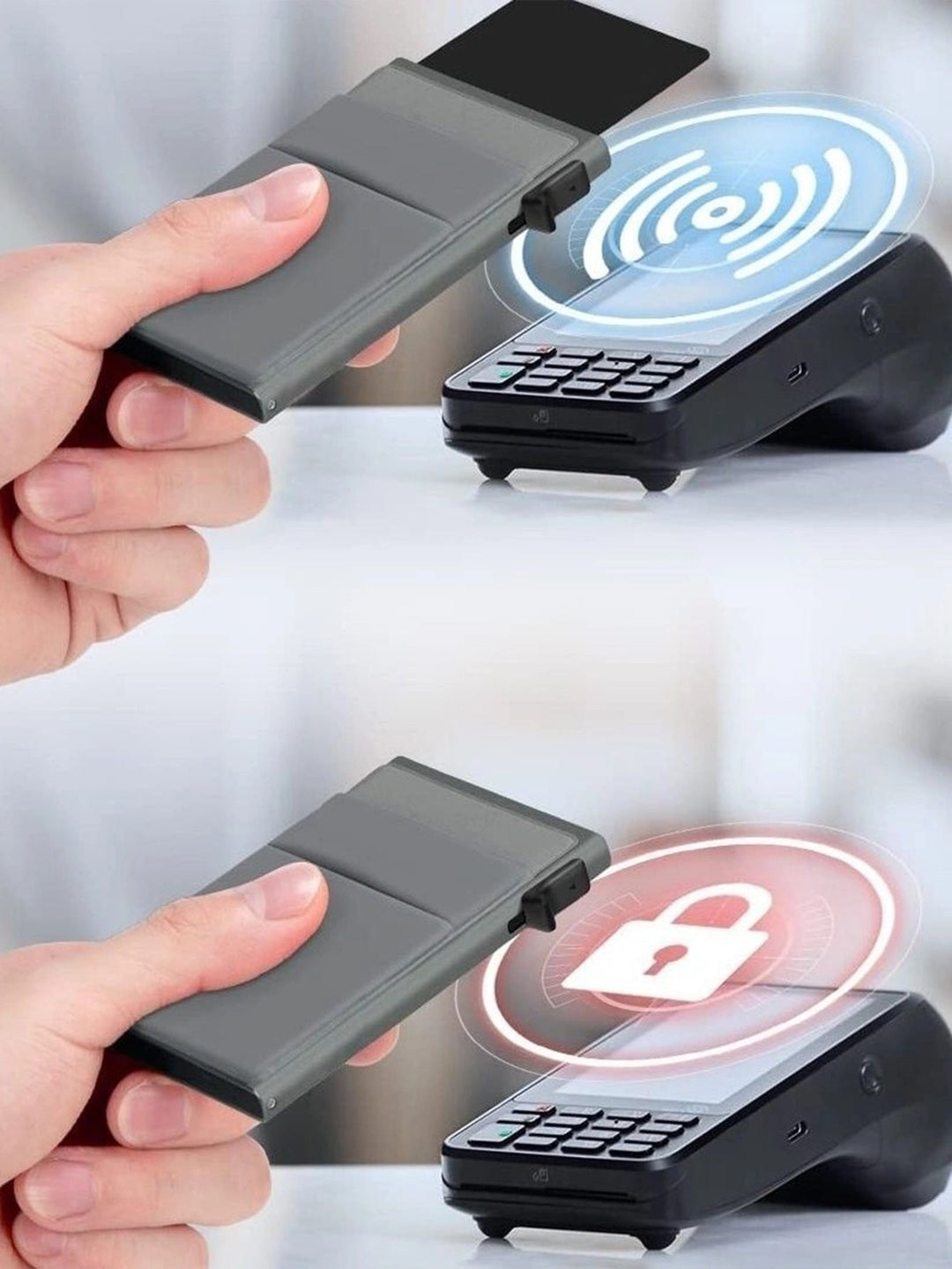 Stijlvolle RFID creditcardhouder, dun en compact, essentieel herenaccessoire van metaal.