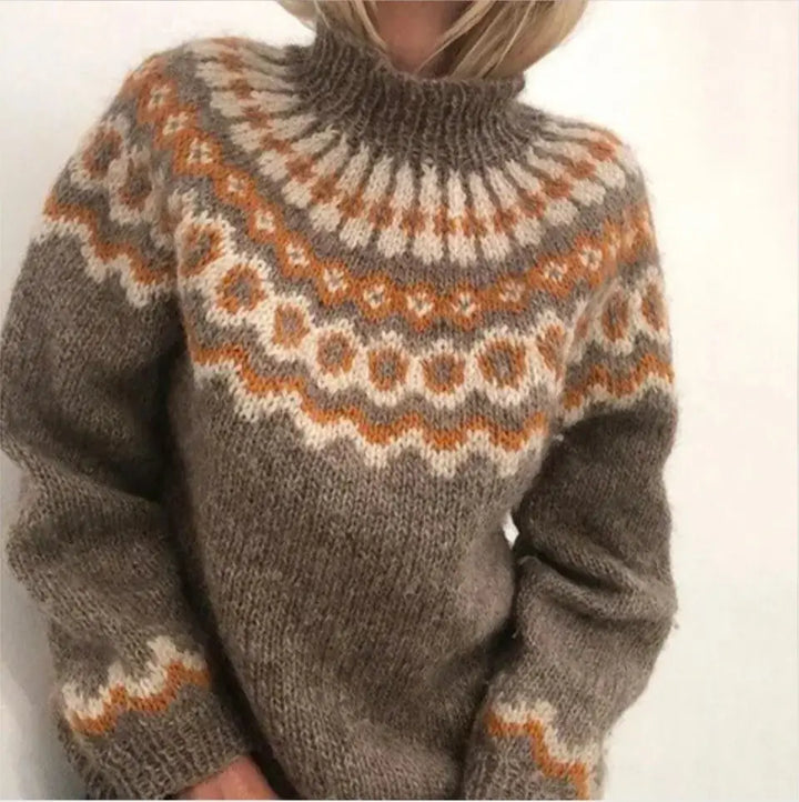 Comfortabele gebreide dames trui met Noors patroon. Warme winter trui voor casual damesmode.