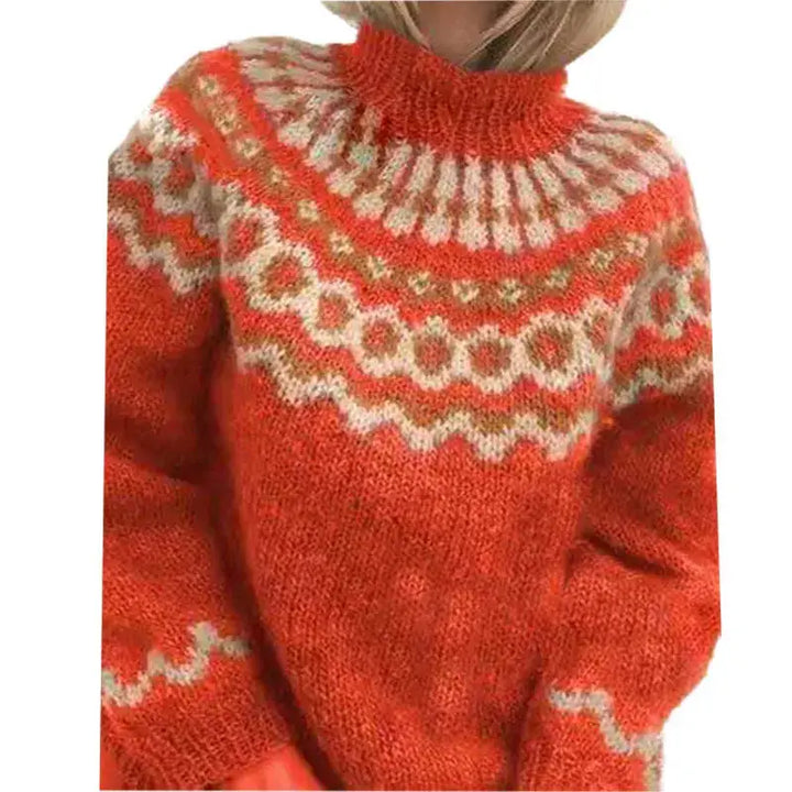 Close-up van warme dames coltrui met gedetailleerd Noors patroon. Klassieke winter trui voor dames.