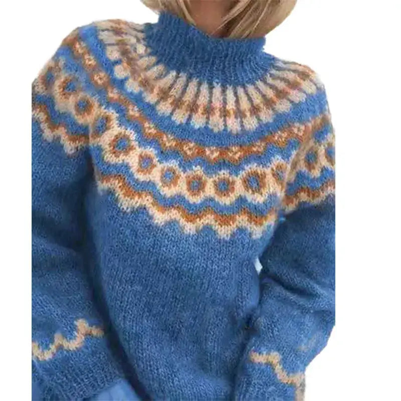 Stijlvolle dames coltrui met Noors patroon. Warme winter trui, perfect voor comfortabele damesmode.