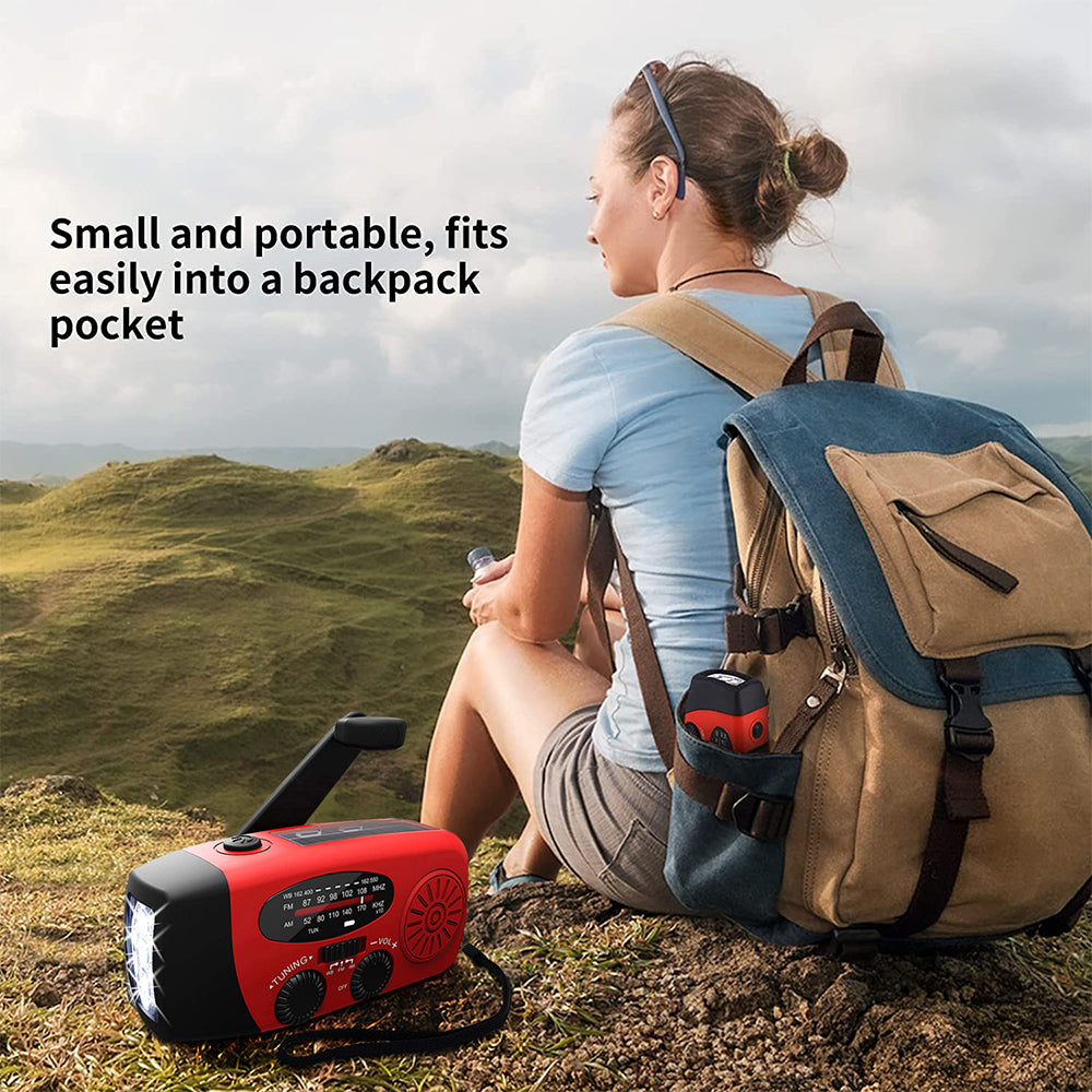 Noodradio met geïntegreerde powerbank. Laad je telefoon op met de zwengel of solar bij stroomuitval.