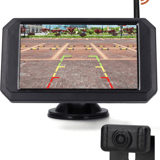 "Draadloze achteruitrijcamera met 5 inch monitor, nachtzicht tot 20m, eenvoudig te installeren, voor auto en camper."