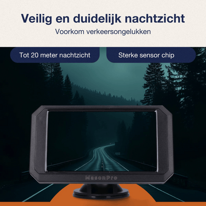 "Draadloze achteruitrijcamera met 5 inch monitor, nachtzicht tot 20m, eenvoudig te installeren, voor auto en camper."