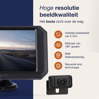 "Draadloze achteruitrijcamera met 5 inch monitor, nachtzicht tot 20m, eenvoudig te installeren, voor auto en camper."