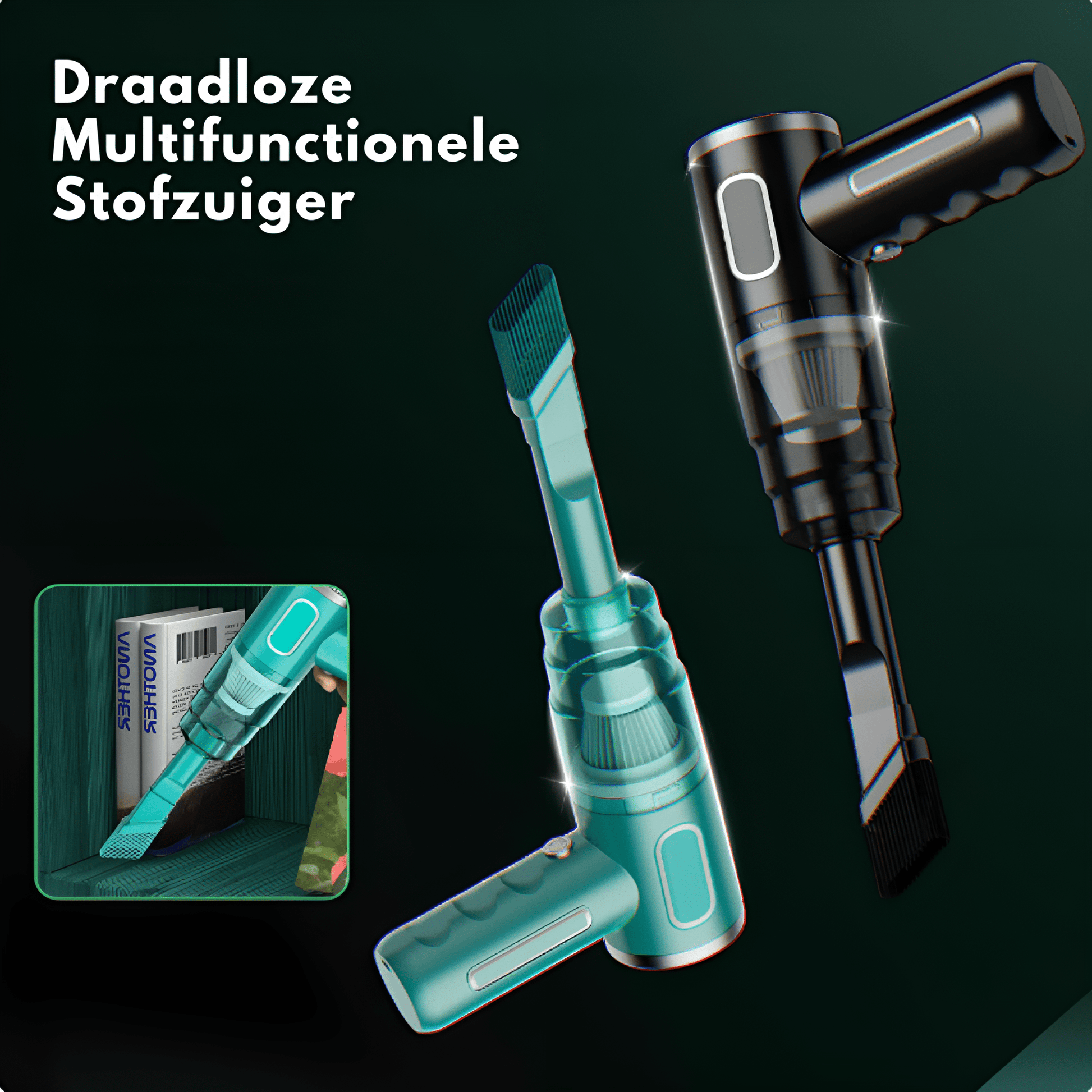 "Draadloze auto stofzuiger met krachtige zuiging, gestroomlijnd design, zwart en groen, compact en gemakkelijk hanteerbaar."