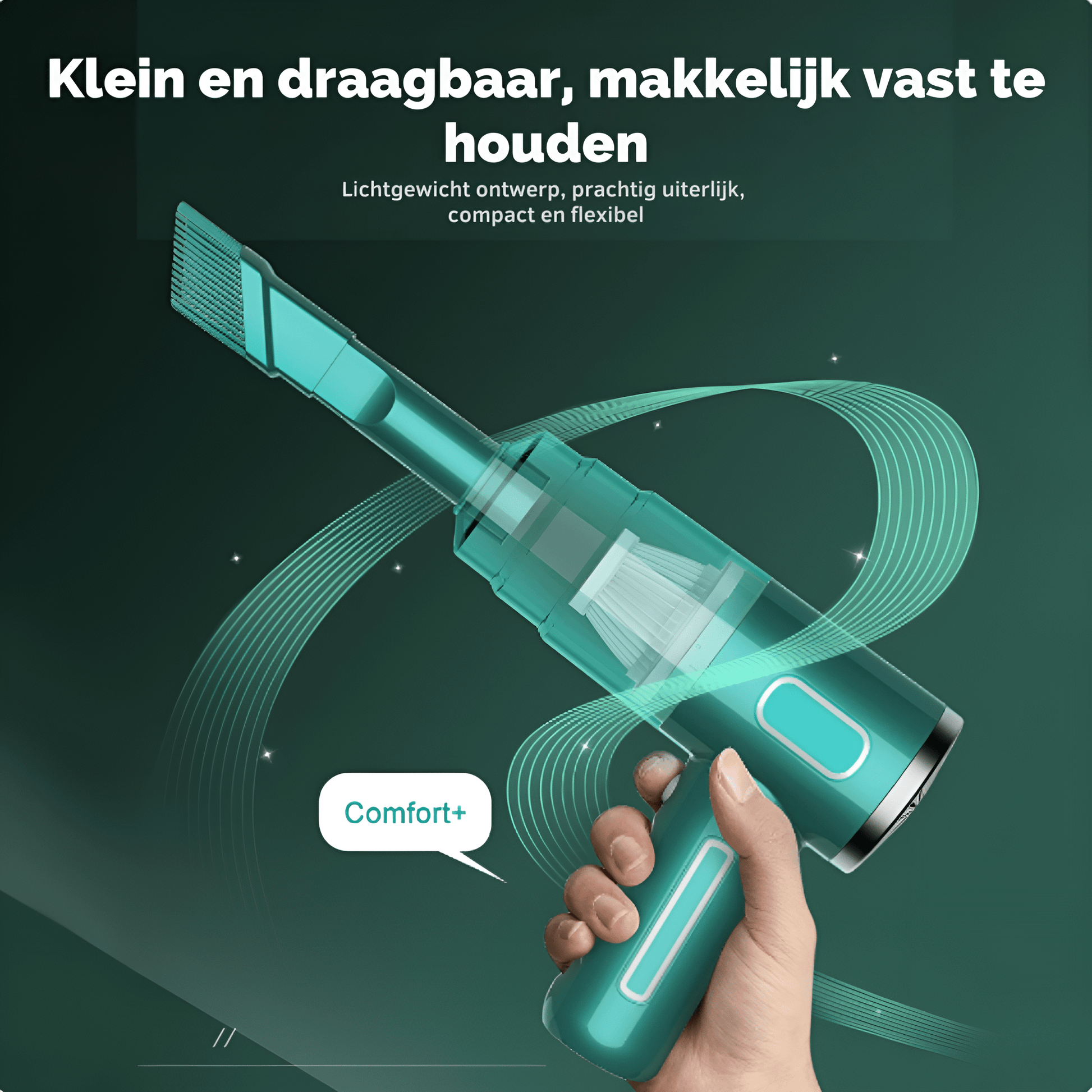 "Draadloze auto stofzuiger met krachtige zuiging, gestroomlijnd design, zwart en groen, compact en gemakkelijk hanteerbaar."
